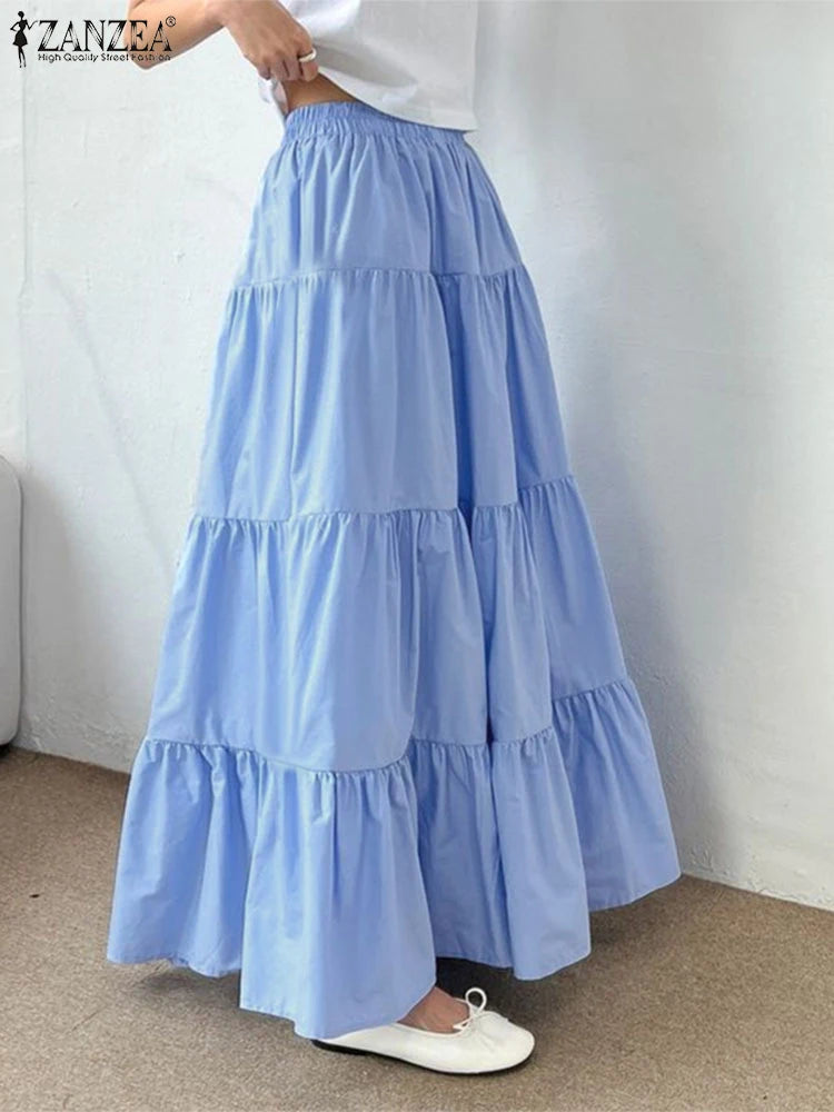 ZANZEA Women Casual Tiered Maxi Skirt Korean Fashion Elastic