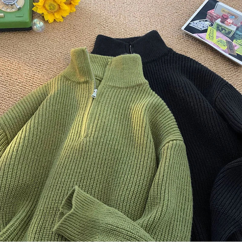 Zipper Turtleneck MEN Knitted Sweatshirt Korean Loose Lazy Style Solid Sweater