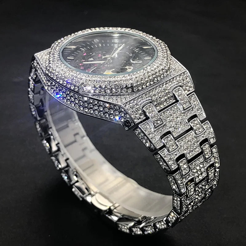 Luxury Full Ice Out  Hip Hop Tourbillon Watches Bling Diamond Gold Male