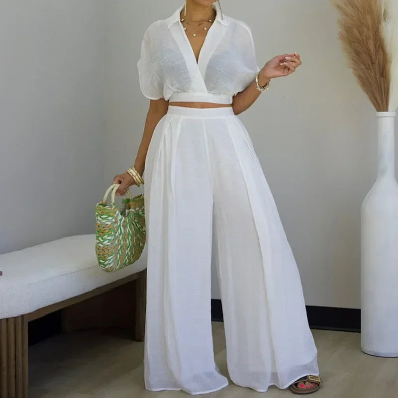 2 Piece Set for Woman Outfit Summer Clothes Holiday Crop Top and Wide Leg Pants