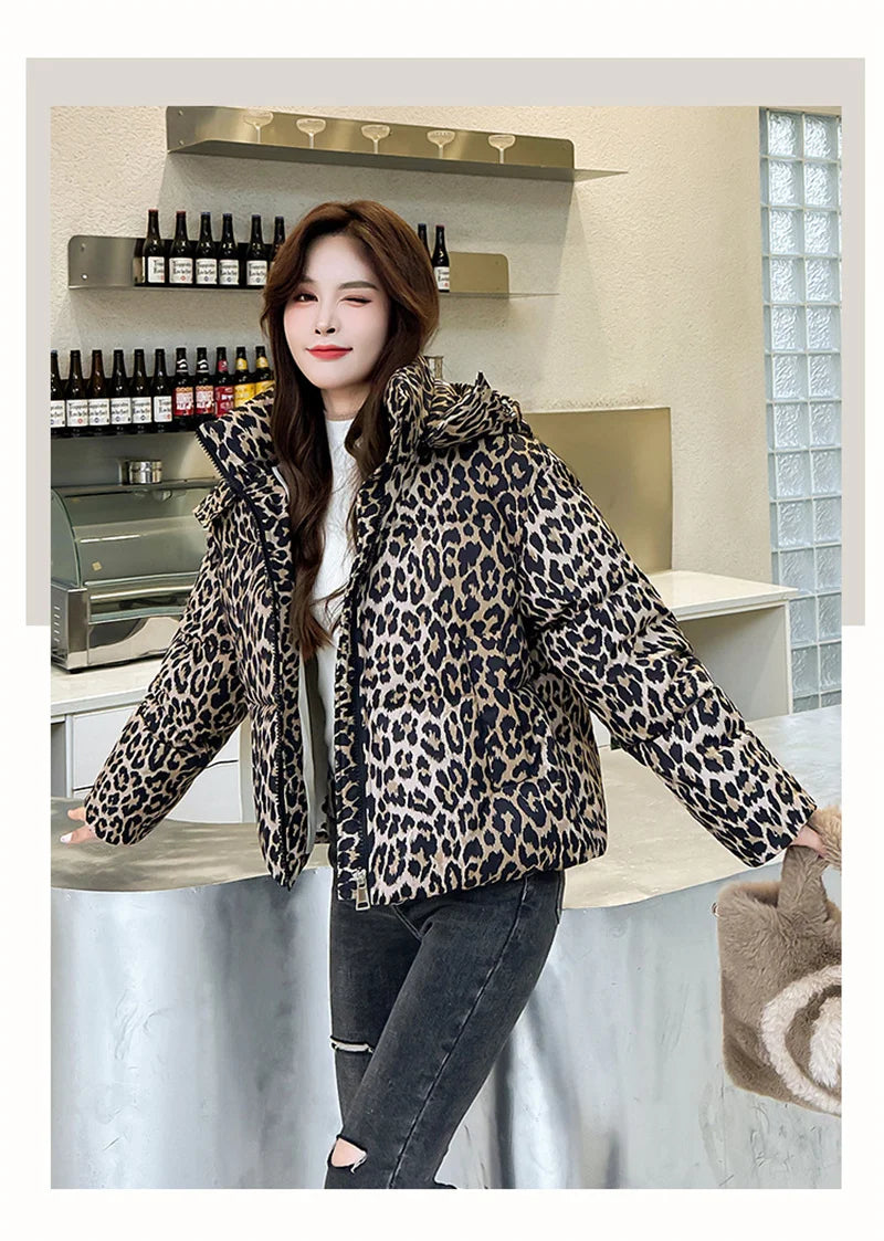 Jacket Women Parkas Hooded Leopard Warm Winter Casual Female Overcoat