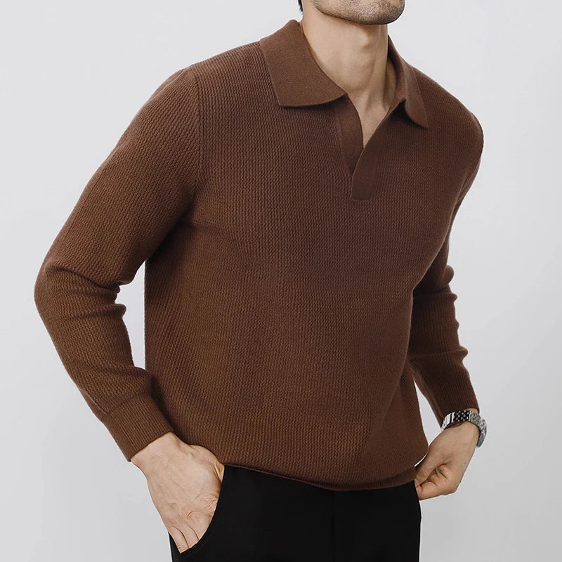 VOODIEX Autumn New Casual Knit Polo Shirts Men Fashionable Long Sleeve