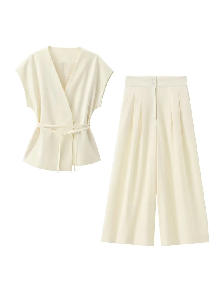 TFMLN Fashion Women's Trouser Suits V-Neck Top with Belt Straight Pants Sets