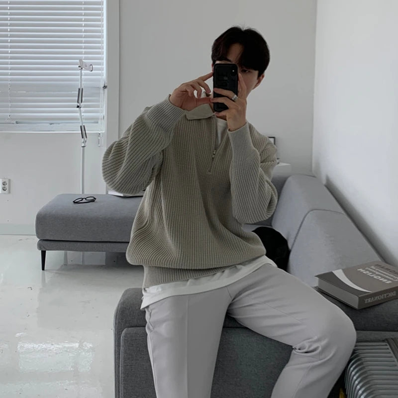 Men Warm Fashion Casual Knit Pullover Men Korean Loose Zipper Long Sleeve