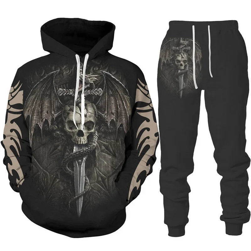Men Punk Hoodie Suit Skull 3D Print Tracksuit/Pants Goth Skeletons Pullover
