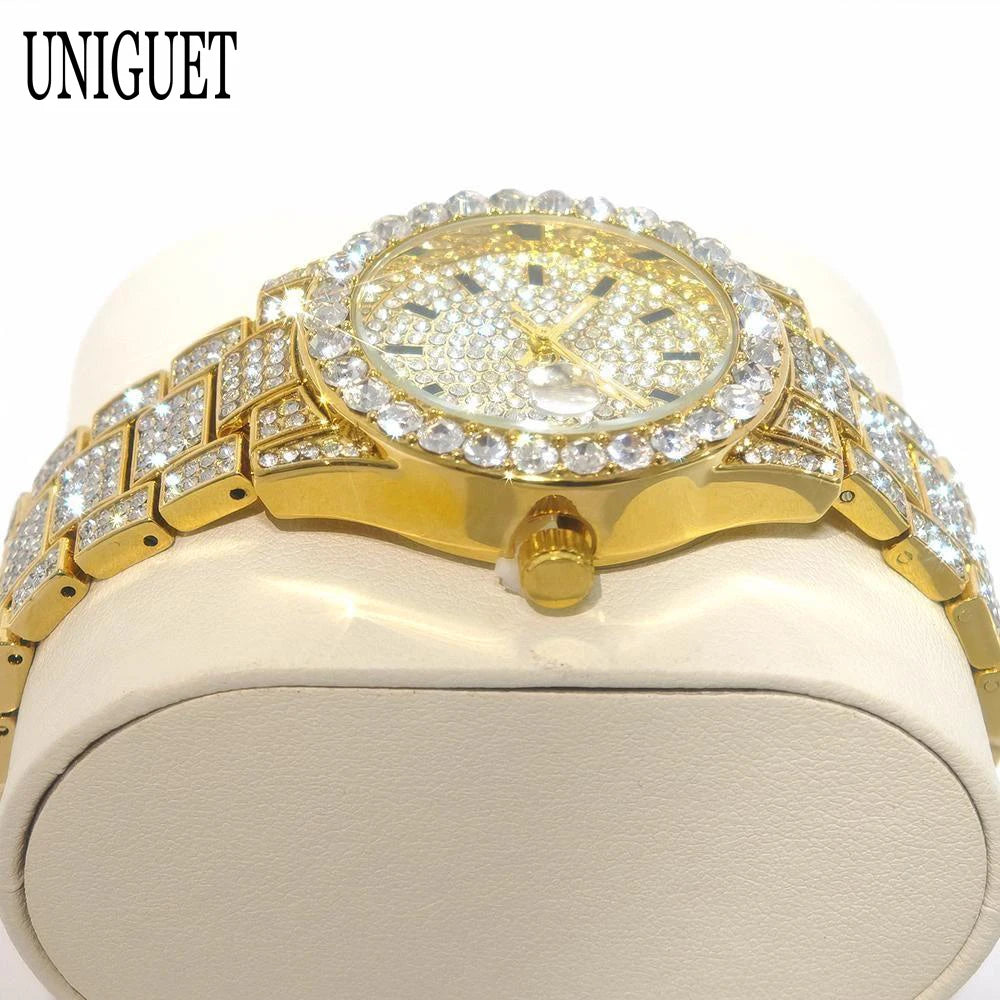 Fashion Gold Watches Women Luxury Stainless Steel Elegant Iced Diamond Jewelry