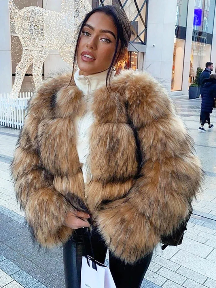 ZADORIN Woman Fashion Faux Raccoon Fur Coat Luxury Short Warm