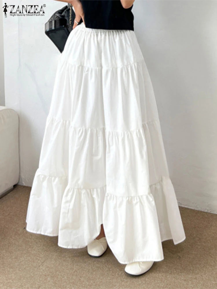 ZANZEA Women Casual Tiered Maxi Skirt Korean Fashion Elastic