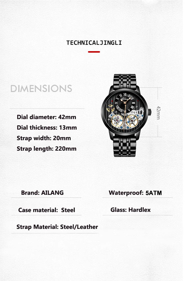 AILANG Top Brand Luxury Watch Men Automatic Luminous Black Clock Men