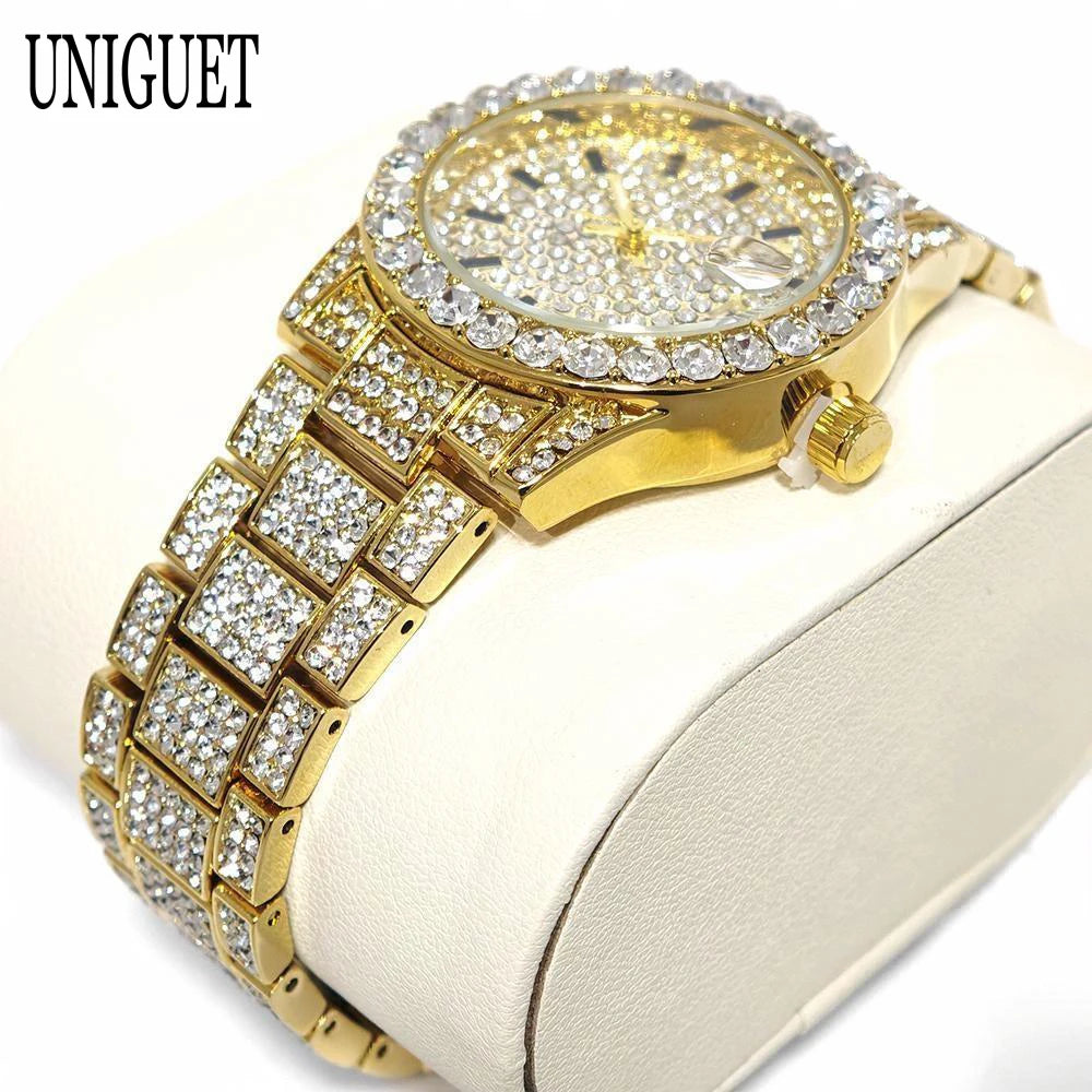 Fashion Gold Watches Women Luxury Stainless Steel Elegant Iced Diamond Jewelry