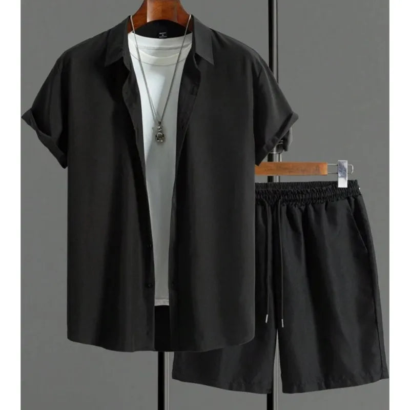 Simple Solid Color Men's Shirt Summer Trend Short Sleeve Shorts