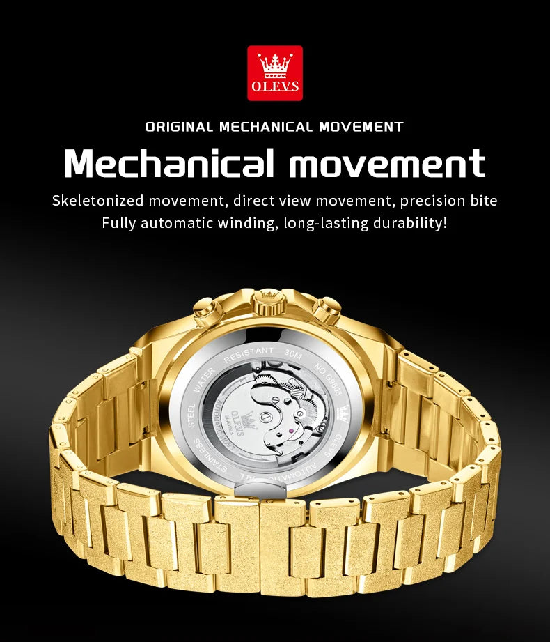OLEVS Gold Steel Mens Watches Top Brand Automatic Mechanical Luxury Watch