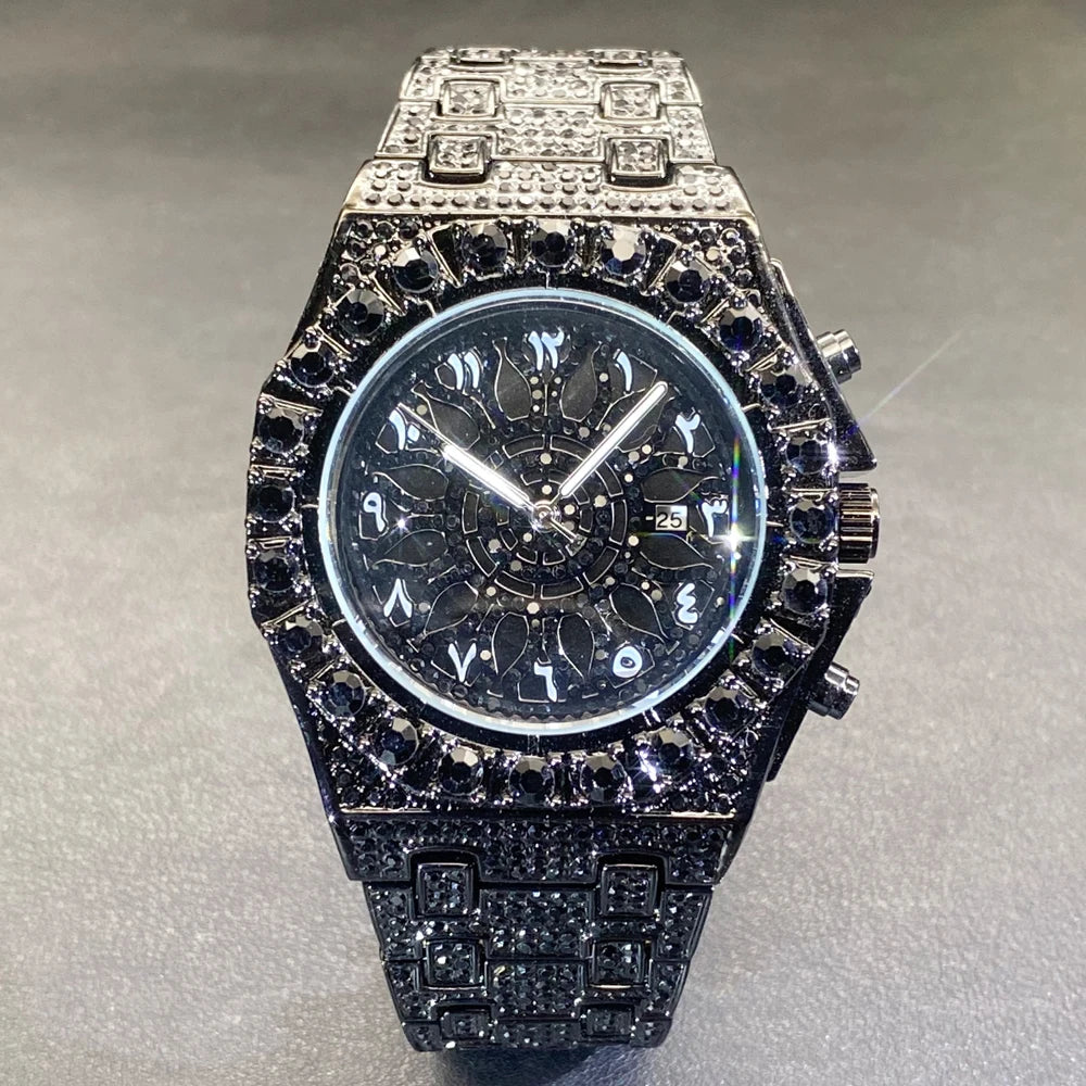 Luxury Gold Men Watch Waterproof Stainless Steel Iced Bracelet Full Diamond