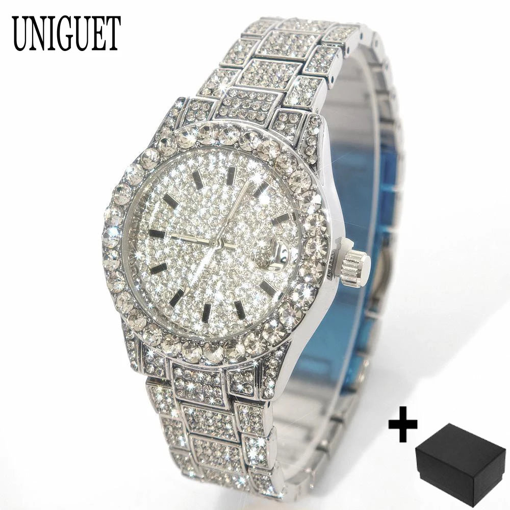 Fashion Gold Watches Women Luxury Stainless Steel Elegant Iced Diamond Jewelry