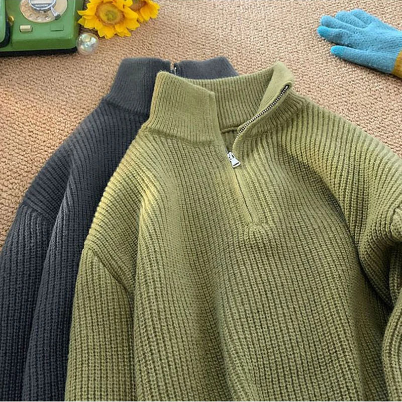Zipper Turtleneck MEN Knitted Sweatshirt Korean Loose Lazy Style Solid Sweater