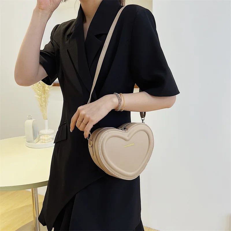 Solid Color Pu Leather Shoulder Bags Heart Shape Crossbody