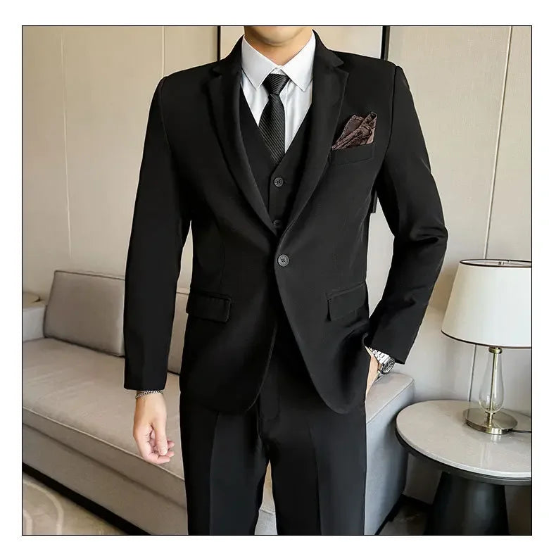 Black Mens Office Suit 3 Piece, Fashion Slim Fit Jackets and Vest with Trousers