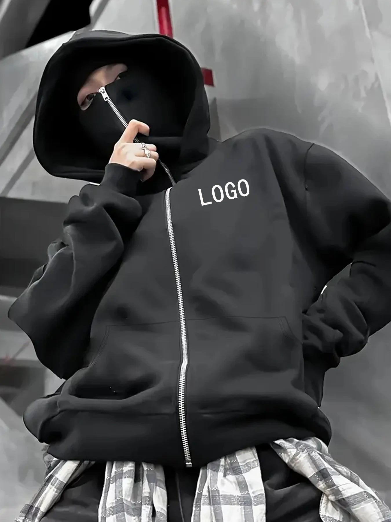 Street statement hoodies insulated double-hooded sweatshirts, masked zip-up sweatshirts