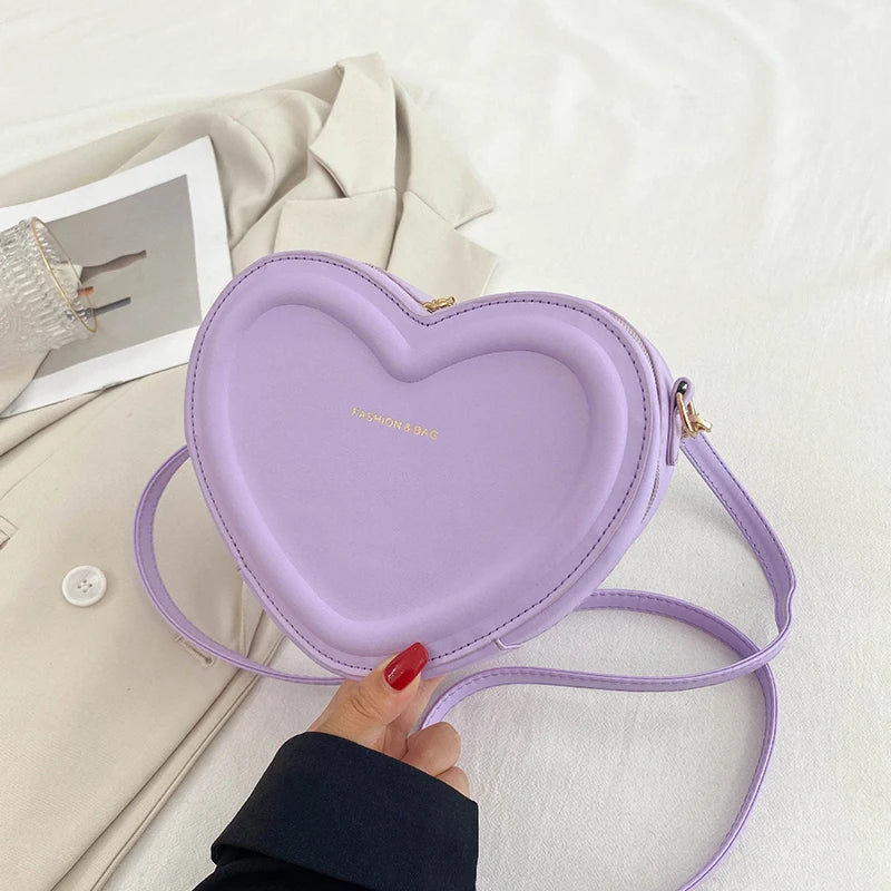Solid Color Pu Leather Shoulder Bags Heart Shape Crossbody