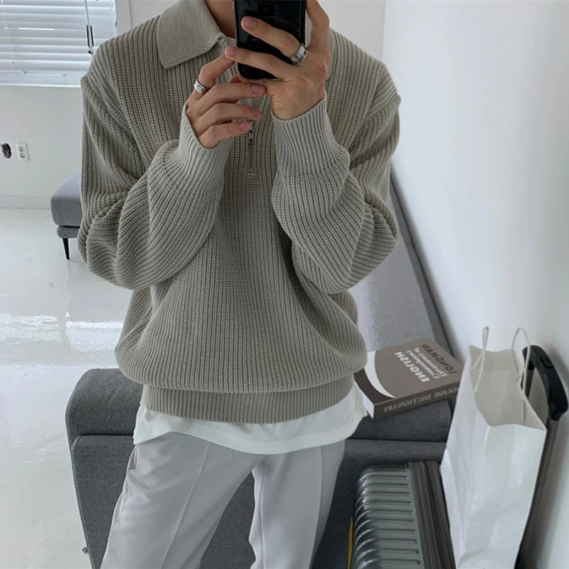 Men Warm Fashion Casual Knit Pullover Men Korean Loose Zipper Long Sleeve