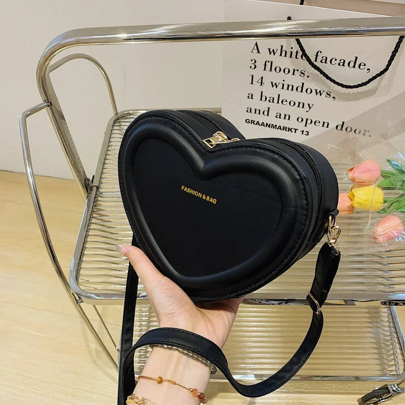 Solid Color Pu Leather Shoulder Bags Heart Shape Crossbody