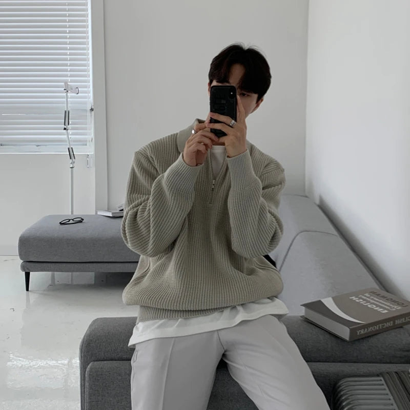 Men Warm Fashion Casual Knit Pullover Men Korean Loose Zipper Long Sleeve