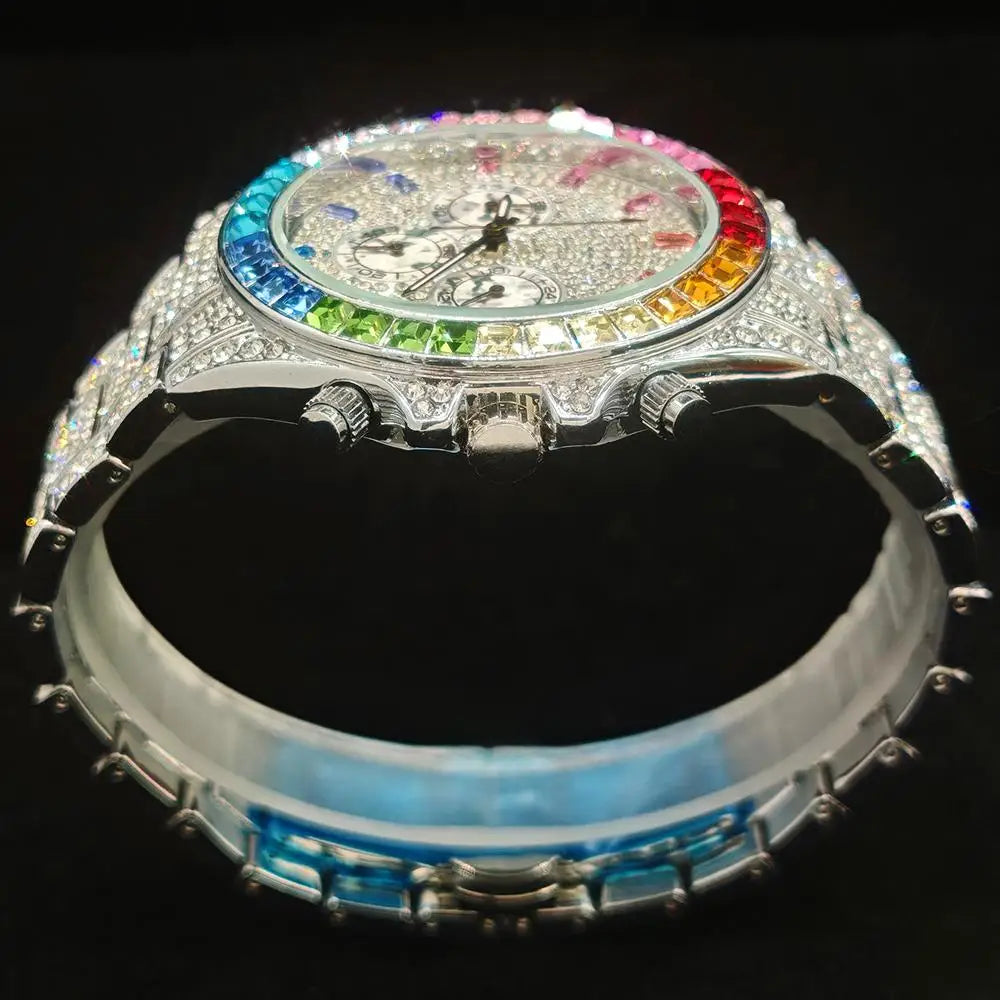 Gold Watch For Men Brand UNIGUET Hip Hop Rainbow Diamond shiny Jewelry