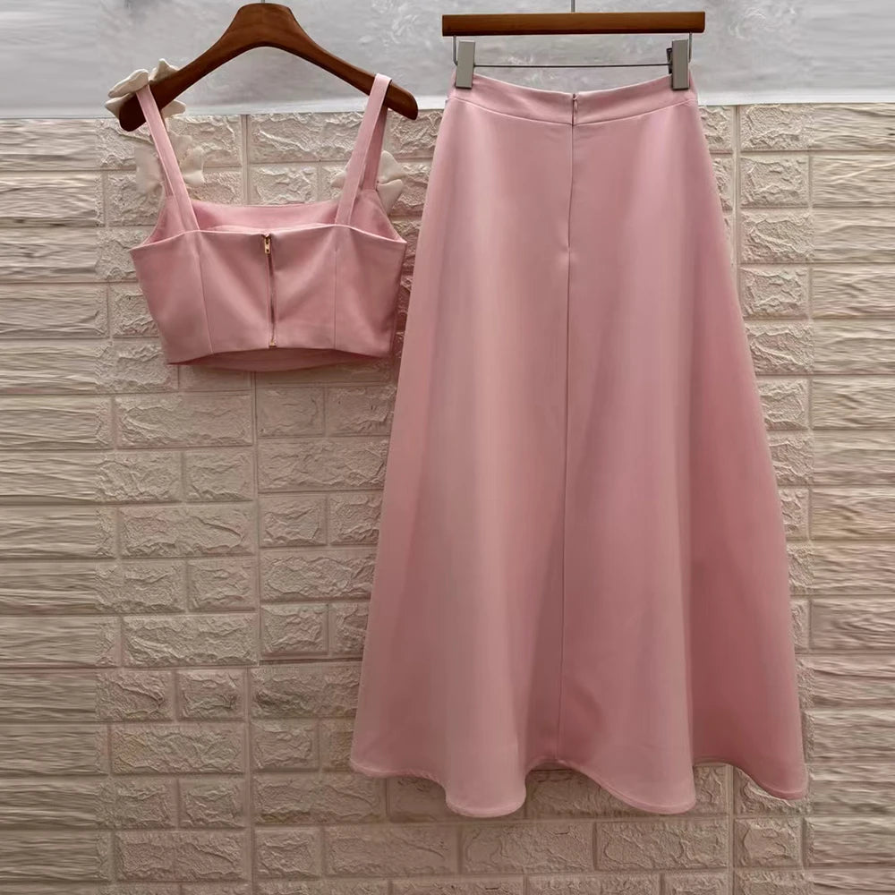 Two Piece Set for Women Square Neck Sleeveless Vest High Waist Skirt Sets Female
