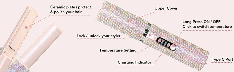 Electric USB Hair Straightener Curler Fashion Colored Diamond Design Wireless