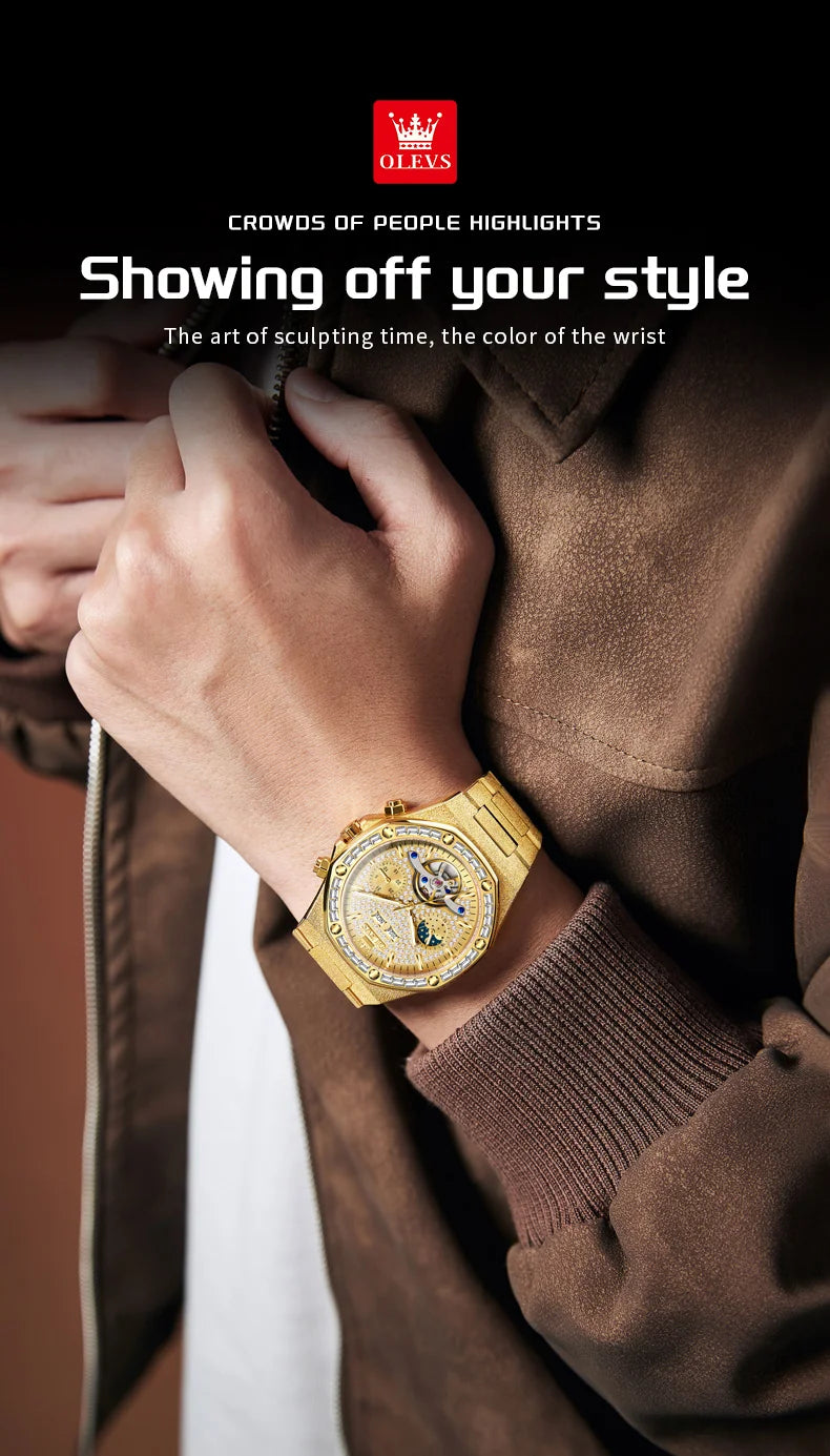 OLEVS Gold Steel Mens Watches Top Brand Automatic Mechanical Luxury Watch