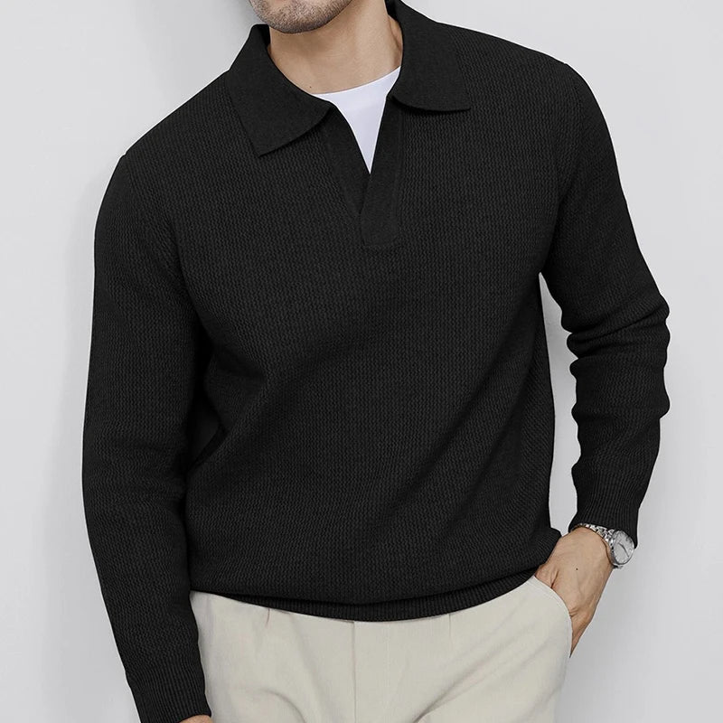VOODIEX Autumn New Casual Knit Polo Shirts Men Fashionable Long Sleeve