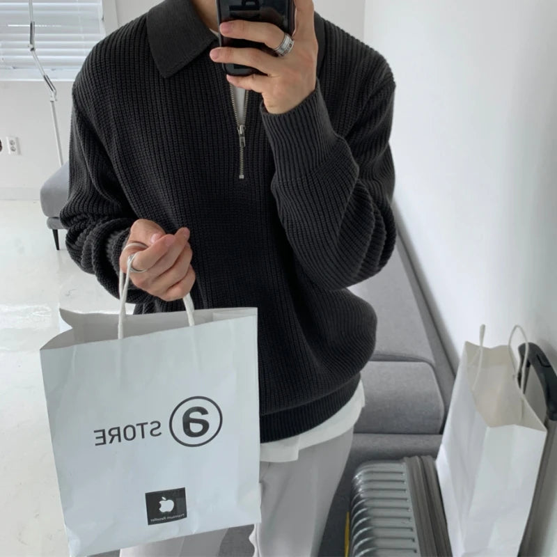 Men Warm Fashion Casual Knit Pullover Men Korean Loose Zipper Long Sleeve