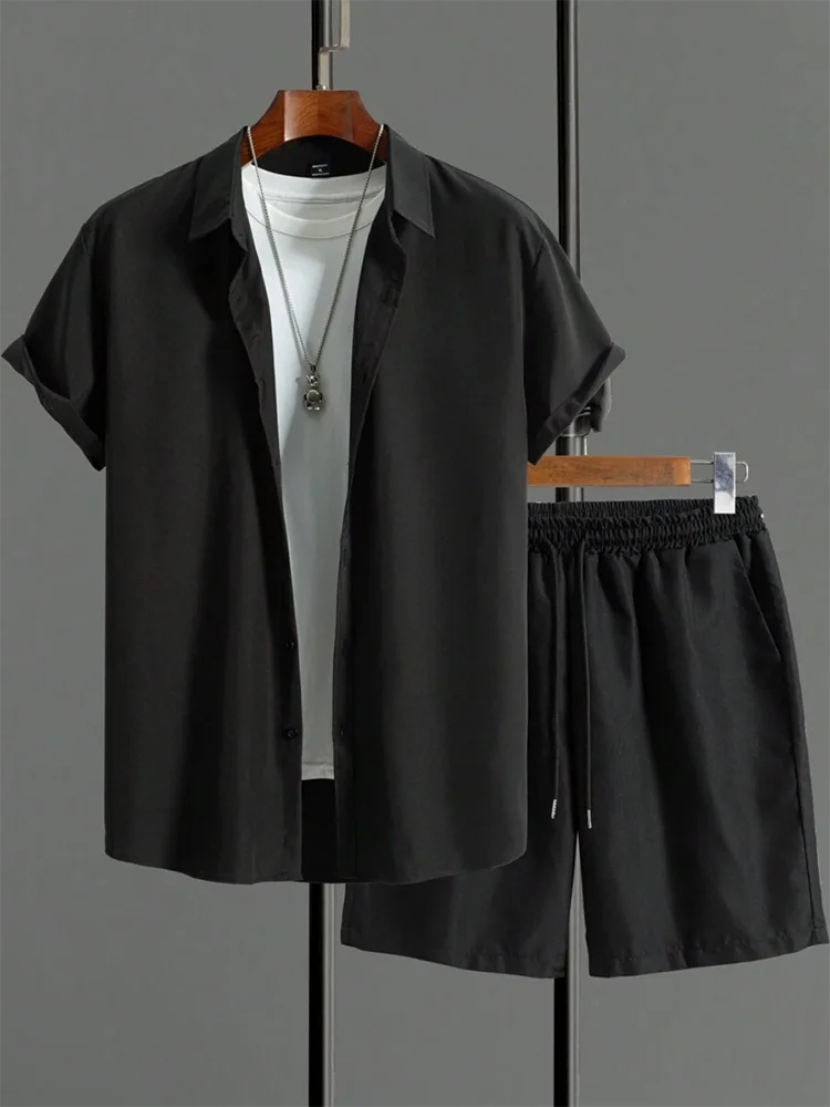 Simple Solid Color Men's Shirt Summer Trend Short Sleeve Shorts