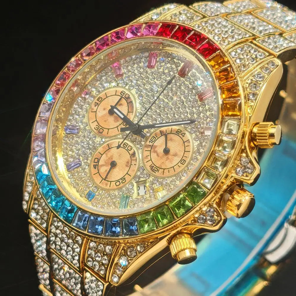 Gold Watch For Men Brand UNIGUET Hip Hop Rainbow Diamond shiny Jewelry
