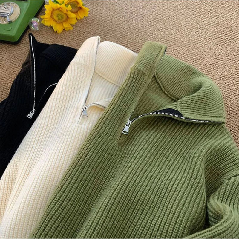 Zipper Turtleneck MEN Knitted Sweatshirt Korean Loose Lazy Style Solid Sweater