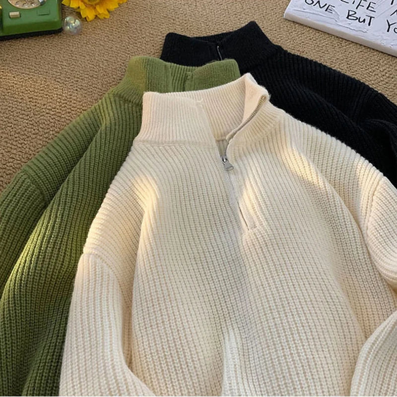 Zipper Turtleneck MEN Knitted Sweatshirt Korean Loose Lazy Style Solid Sweater
