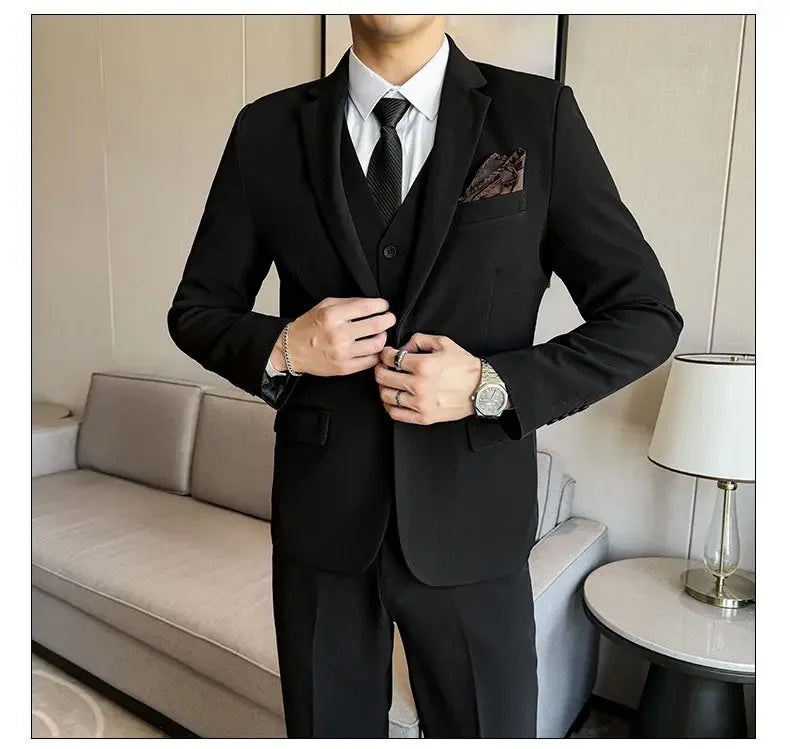 Black Mens Office Suit 3 Piece, Fashion Slim Fit Jackets and Vest with Trousers