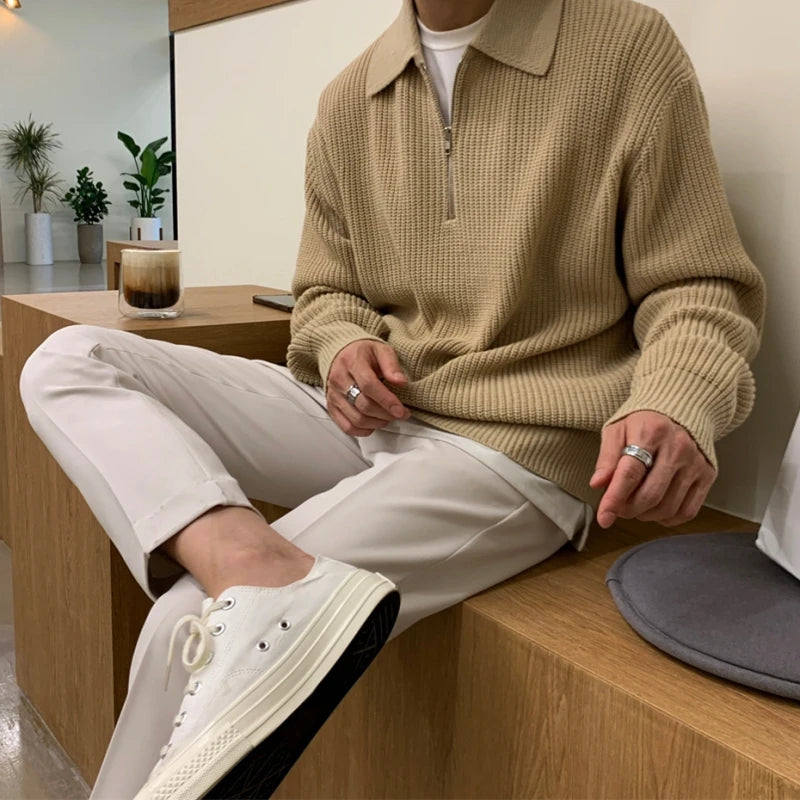 Men Warm Fashion Casual Knit Pullover Men Korean Loose Zipper Long Sleeve