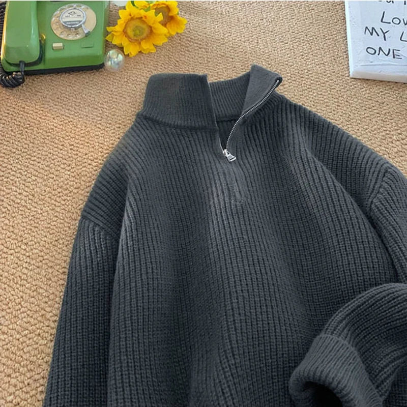 Zipper Turtleneck MEN Knitted Sweatshirt Korean Loose Lazy Style Solid Sweater