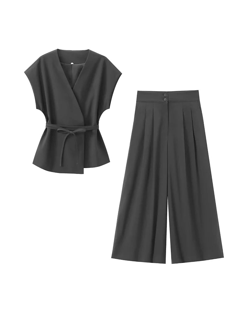 TFMLN Fashion Women's Trouser Suits V-Neck Top with Belt Straight Pants Sets