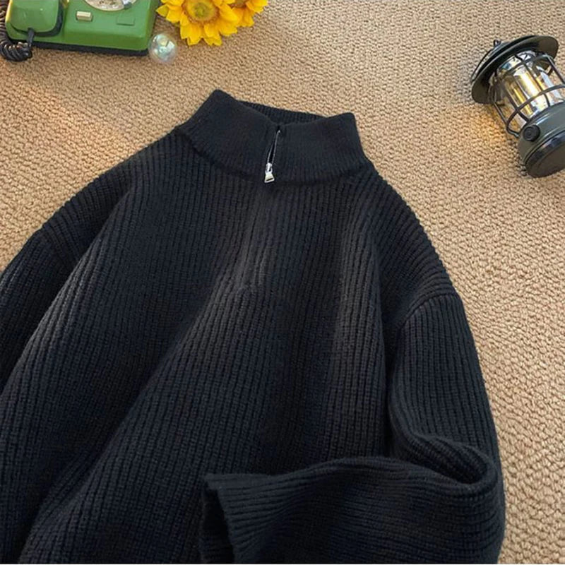 Zipper Turtleneck MEN Knitted Sweatshirt Korean Loose Lazy Style Solid Sweater