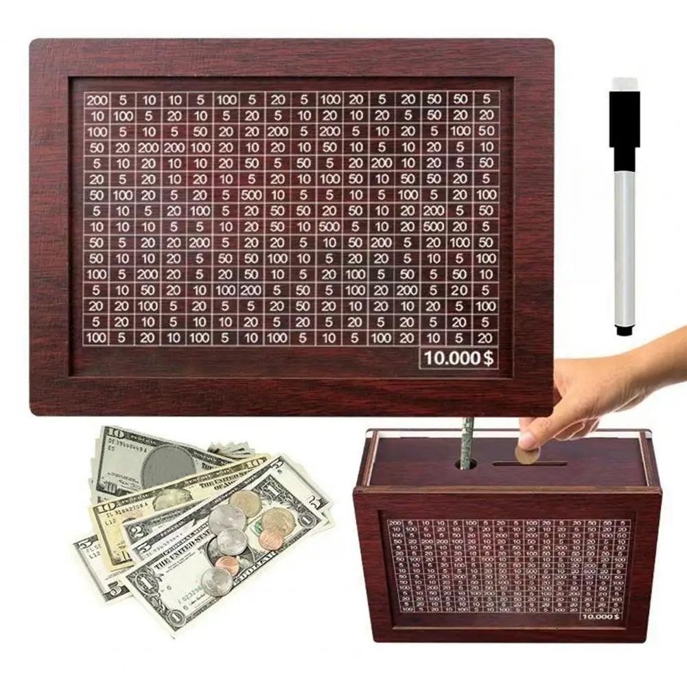 Money Box Wooden Piggy Bank with Reusable Money Box with Saving Goal