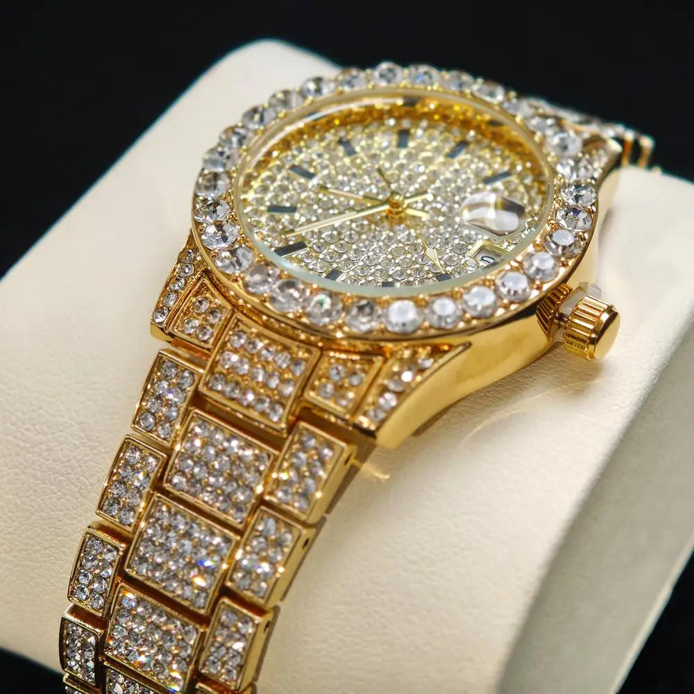 Fashion Gold Watches Women Luxury Stainless Steel Elegant Iced Diamond Jewelry