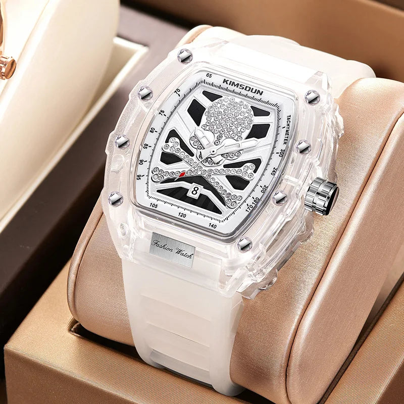 Aa fantastic watch, barrel shaped skull shaped transparent quartz watch