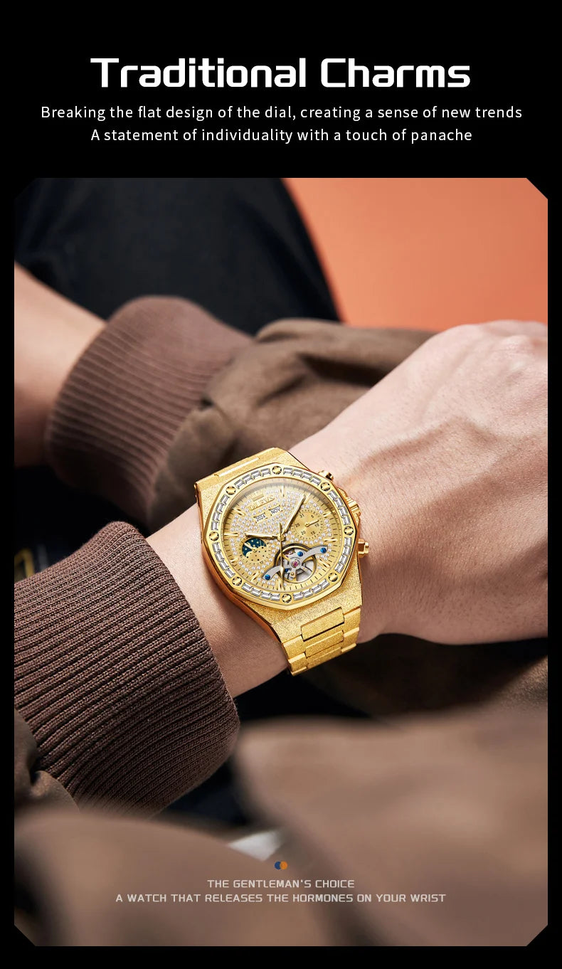 OLEVS Gold Steel Mens Watches Top Brand Automatic Mechanical Luxury Watch