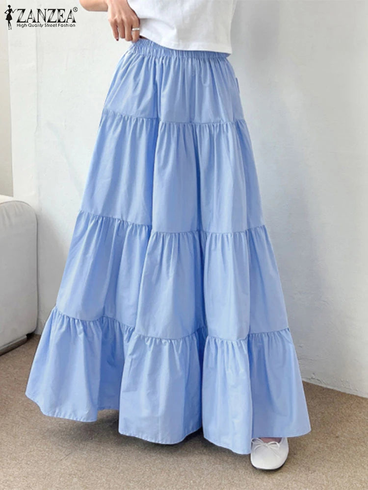 ZANZEA Women Casual Tiered Maxi Skirt Korean Fashion Elastic