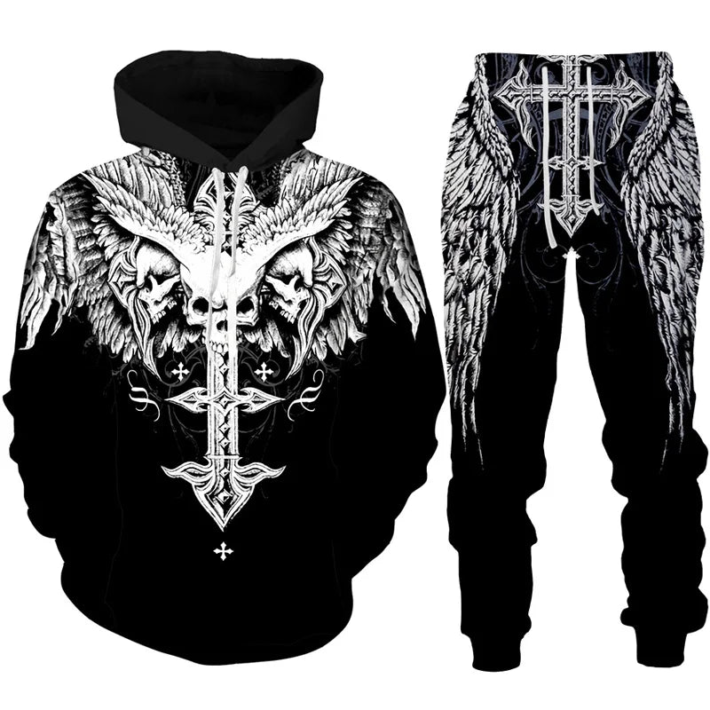 Men Hoodie & SET Tracksuit Gothic Skull Tattoo 3D Printed Fashion