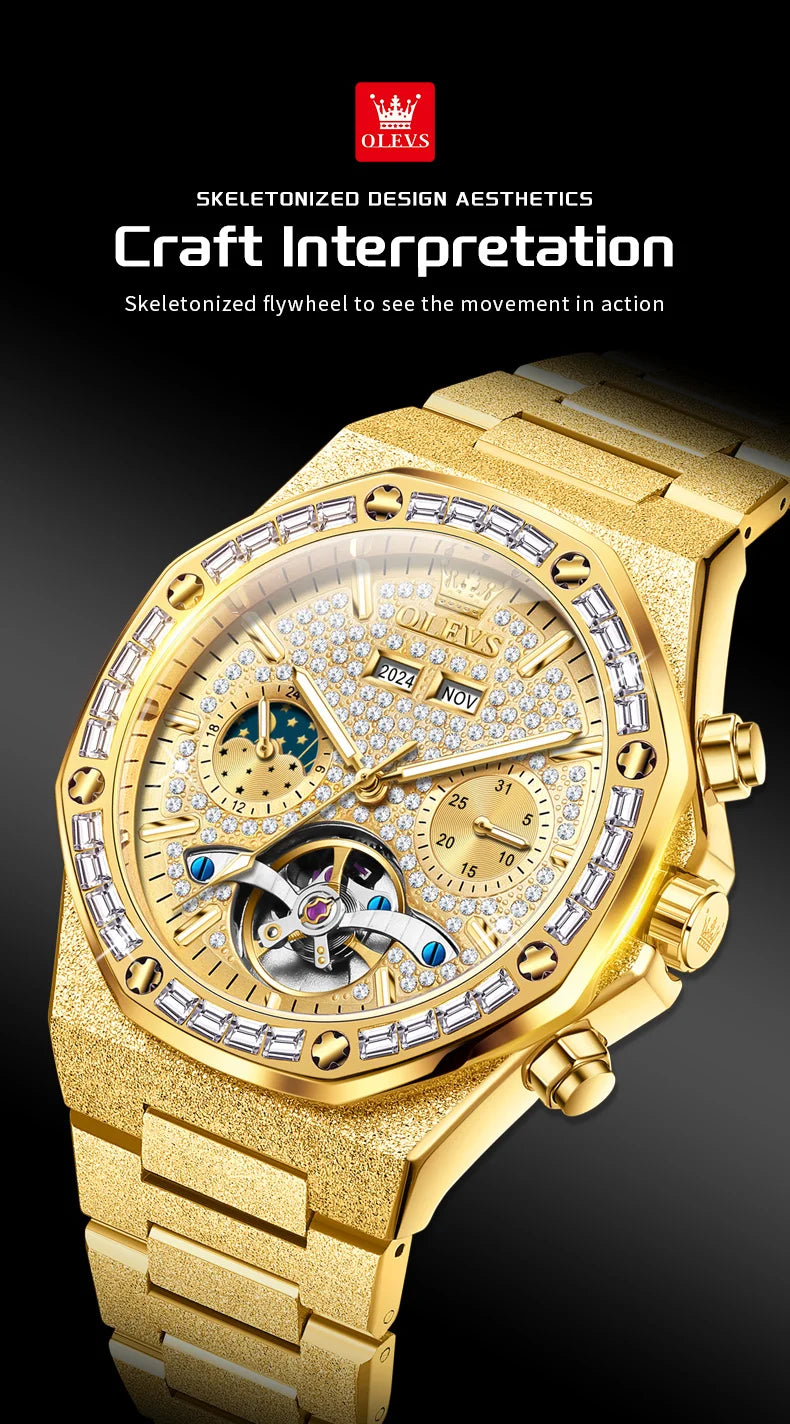OLEVS Gold Steel Mens Watches Top Brand Automatic Mechanical Luxury Watch