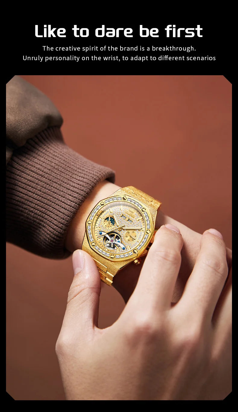 OLEVS Gold Steel Mens Watches Top Brand Automatic Mechanical Luxury Watch