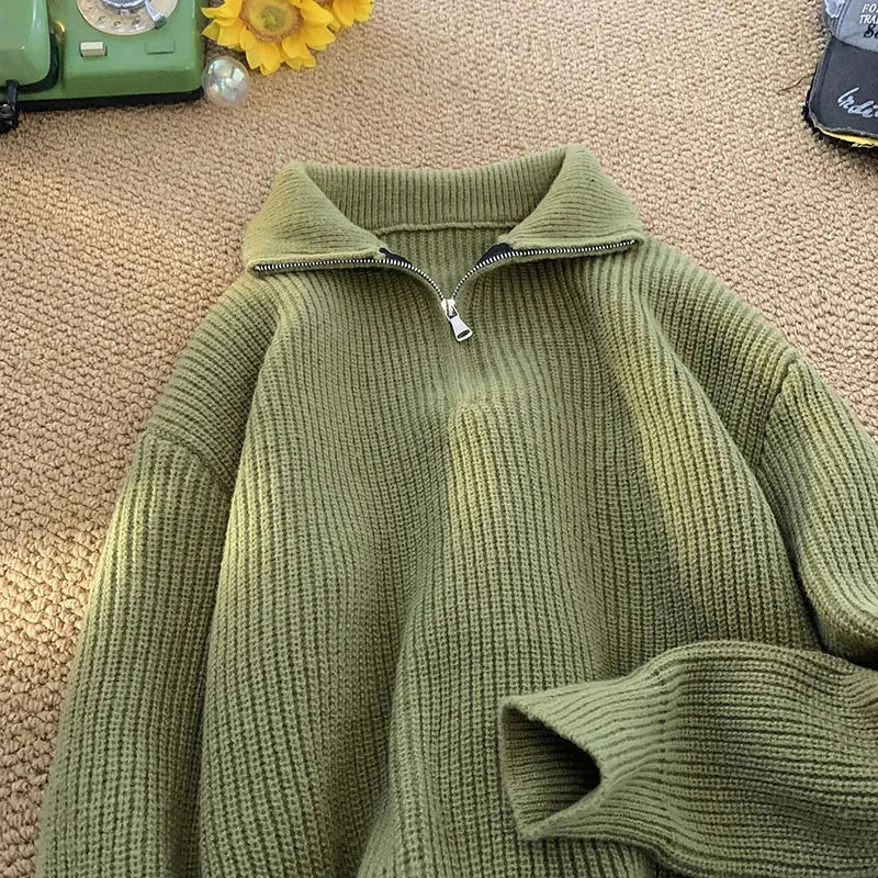 Zipper Turtleneck MEN Knitted Sweatshirt Korean Loose Lazy Style Solid Sweater
